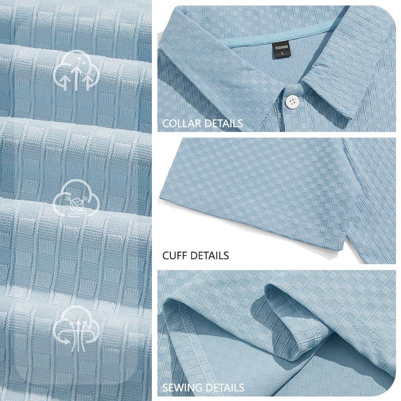 Mens Plaid Turn Down Collar Short Sleeve Polo Shirt Business Casual Basic Versatile Top