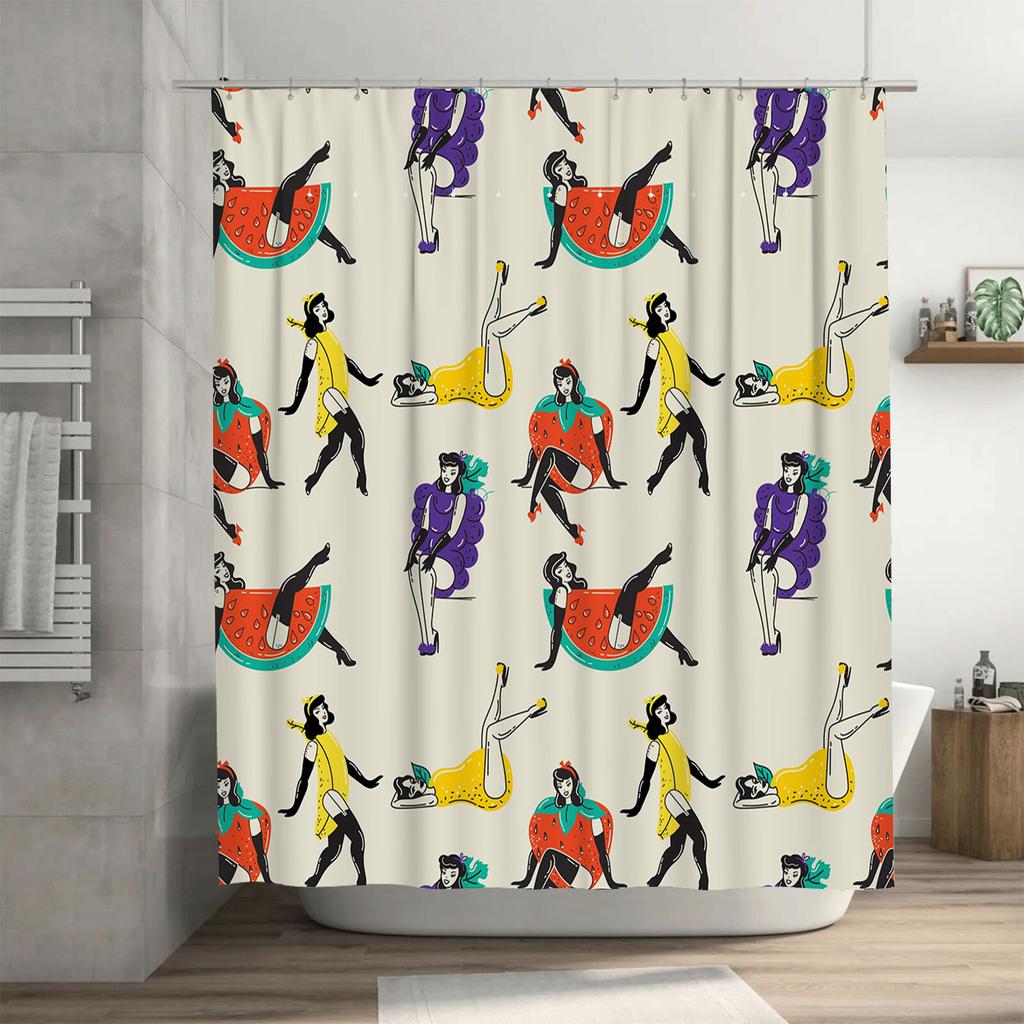 Vibrant Retro Bath Curtain Set Funny Cartoon Print Shower Curtains For Kids Bathroom Decoration In Multiple Colors!
