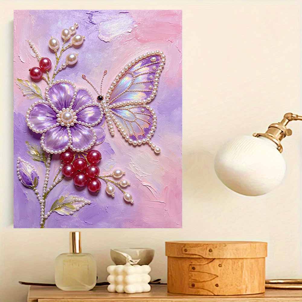 Frameless Pearl Painting Kit Butterfly Flower Pattern DIY 3D Bead Art Canvas Relaxing Handmade Craft for Adults Home Decor