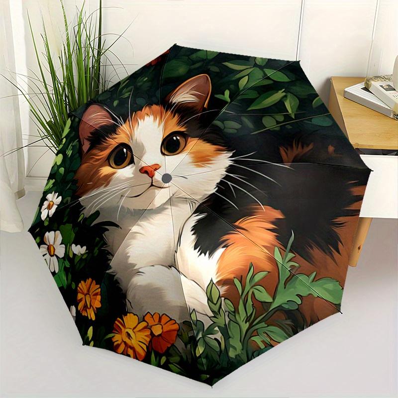 

1pc Orange Cat & Flower Theme Automatic Opening and Closing Fashion Umbrella - Lightweight 3-Fold Design, Suitable for Fans, Travel, Daily Use - Offic
