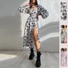 Sexy Summer Square Collar High Waist Printed Lantern Sleeve Split Dress for Women Cute Elegant Floral Sweat Dress