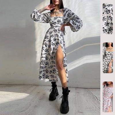 Vestito estivo sexy a quadretti con vita alta, maniche a lanterna stampate e spacco per donna, carino ed elegante, vestito felpa floreale