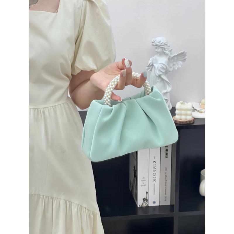Fashionable Young Girl's Pearl Handbag with Pleated Single-shoulder Cross-body Design Resembling A Cloud-shaped Bag.
