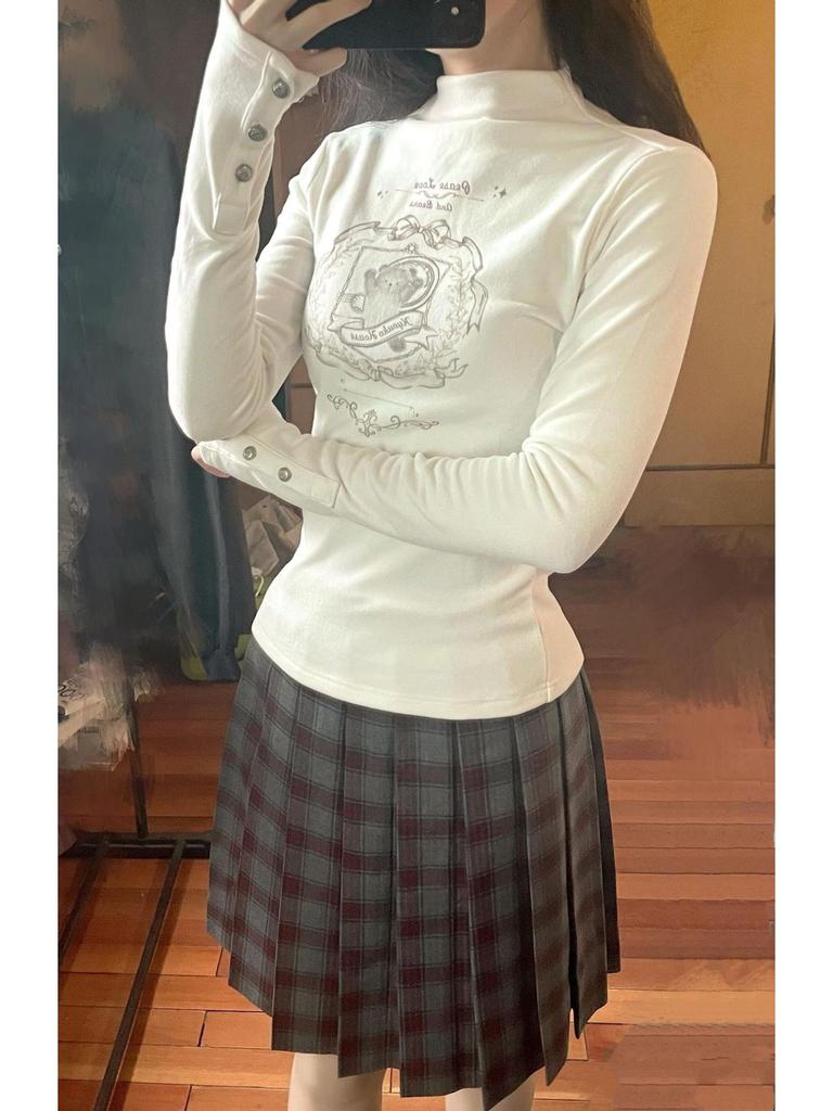 Women's Spicy Girl Half-High Collar Fleece T-Shirt - Slim Fit, Long Sleeve, Autumn/Winter Top