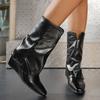 Fashion Fashion Wedge Heel Mid Calf Boots Women Autumn Winter Small Square Toe Fold Over Boots Woman Slip On PU Leather Botas Mujer 2025