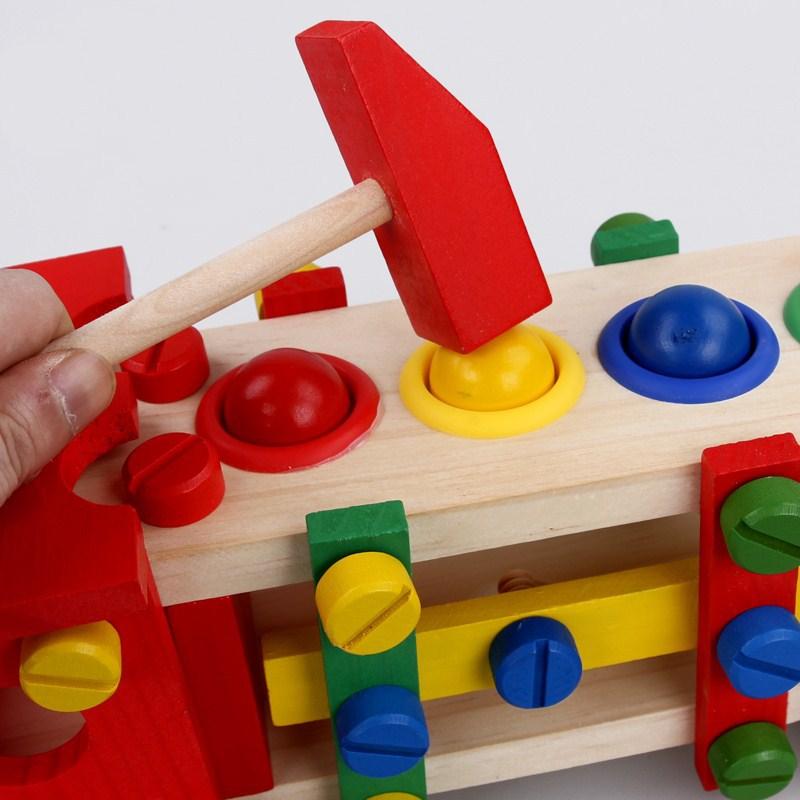 Wooden Disassembly and Assembly Nuts Cart, Assembled Ball-kicking Cart Platform Tool Cart, Wooden Children's Combination Toy