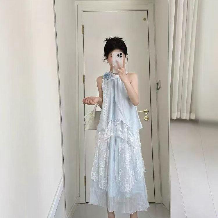 Mint Sleeveless Lace Spliced Halter Top & Skirt Summer Two-Piece Set