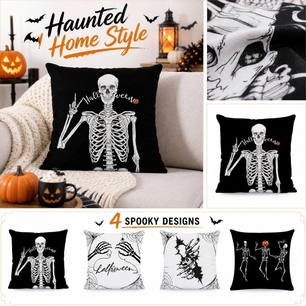 Halloween Skeleton Decorative Pillow Cover 45x45cm Party Home Sofa Cushion Case Seasonal Holiday Decoration Without Insert