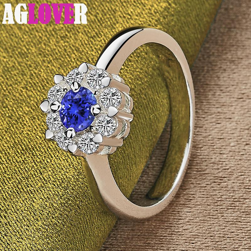 925 Sterling Silver Bule Round AAA Zircon Ring Jewelry