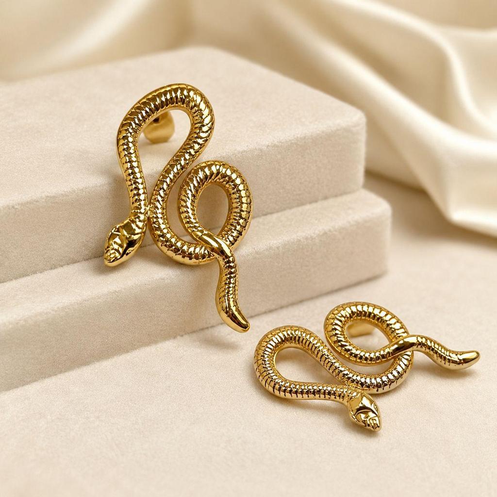 Korean Retro Snake Design Stainless Steel Floral Gold Stud Earrings.