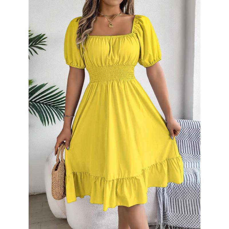Women Casual Square Neck Short Sleeve High Waist Ruffle A Line Midi Dress
