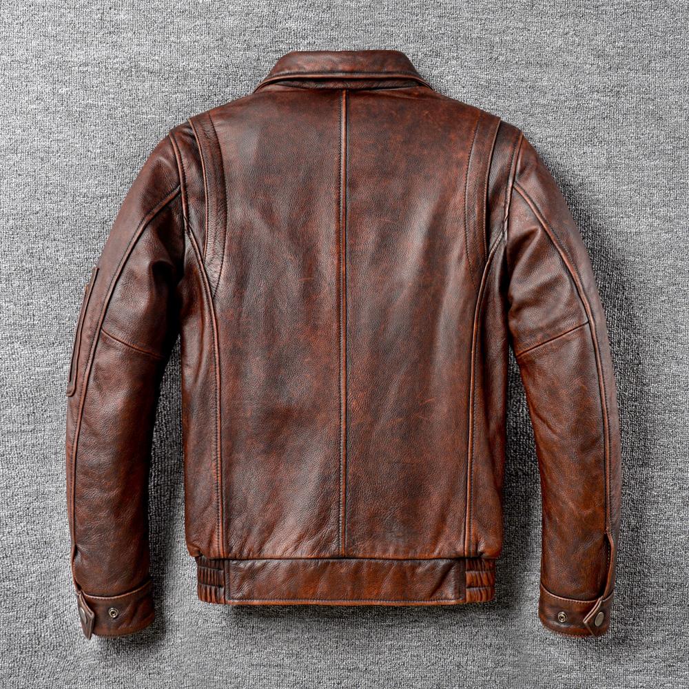 Vintage Red Brown Men Genuine Leather Jacket Real Cow Skin Coat Flight Suits Pilot Bomber Men's Jackets Spring Autumn