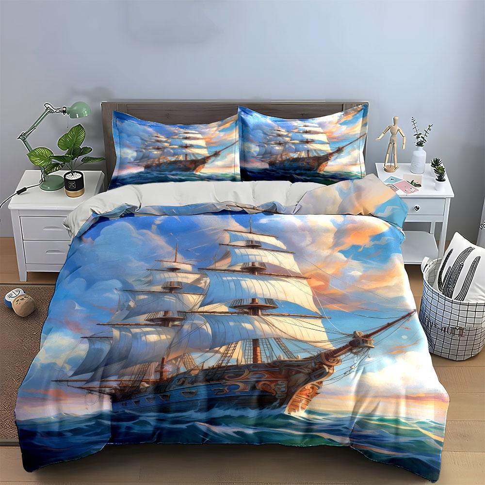 "Ocean Sailing Ship Art Set" Bedding Set with 1 Duvet Cover 2 Pillowcases Single Double King Queen, Gift