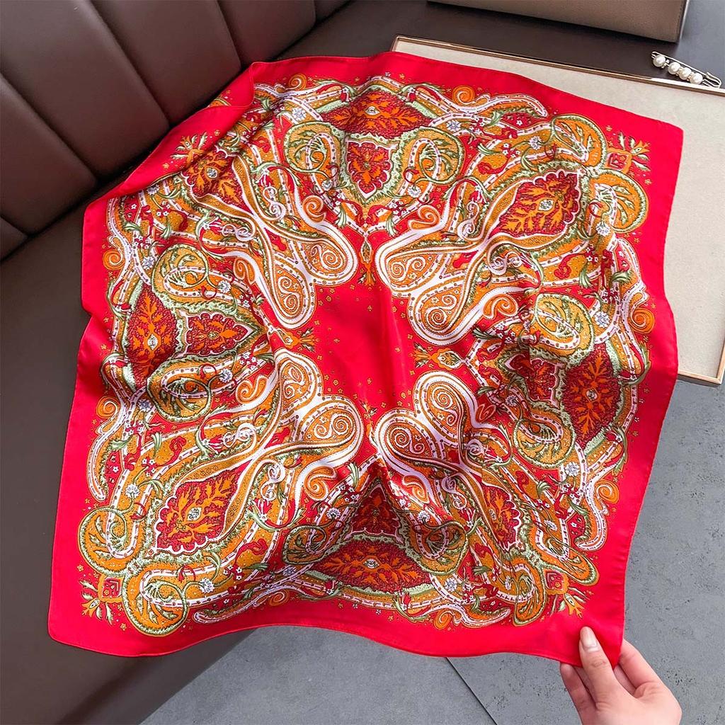 New Floral Print Silk Feeling 70cm Square Scarf Women Foulard Cashew Neckerchief Lady Satin Head Hijab Female Decorate Neck Ties