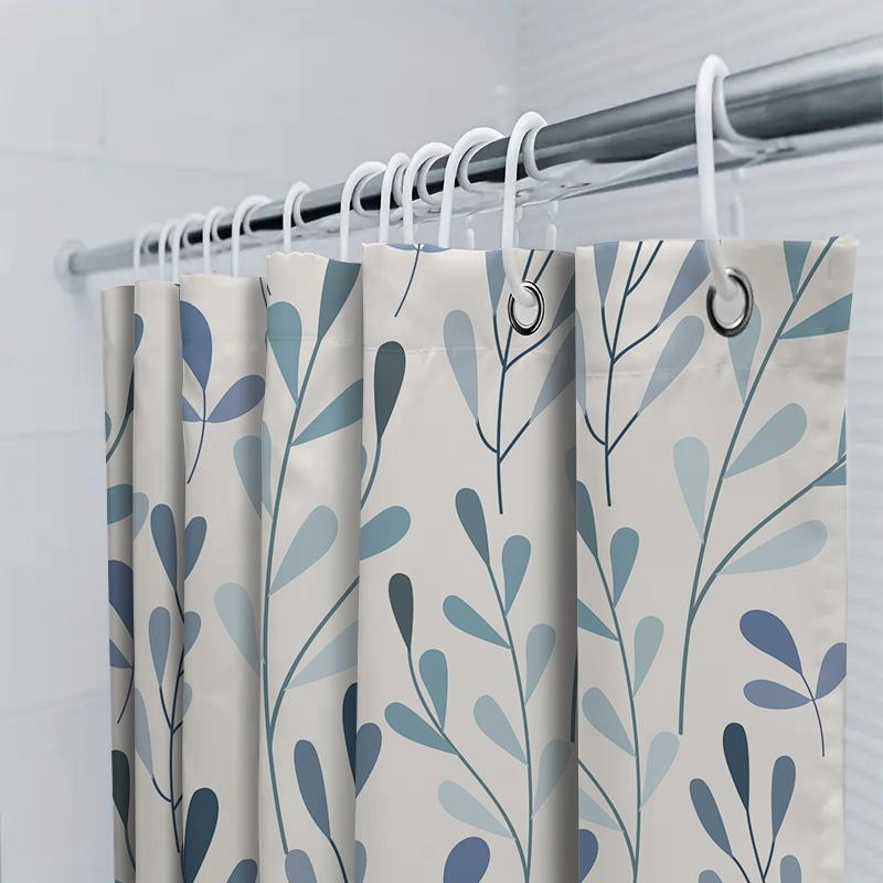 Blue Green Leaf Shower Curtain With Water Repellent Fabric For Bathroom Decor 72X84In Large Size Bath Linen Modern Style Waterpr