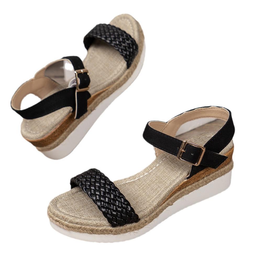 Foreign trade large-size sandals for women in the summer of 2024, new European and American buckle thick-soled one-word wedge sandals for women