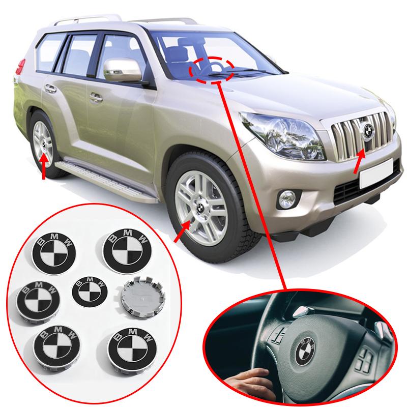 Car Black White BMW Logo Front Hood Emblem 82mm Rear Badge 74mm Wheel Hub Cap 68mm 56mm steering wheel sticker 45mm Accessories