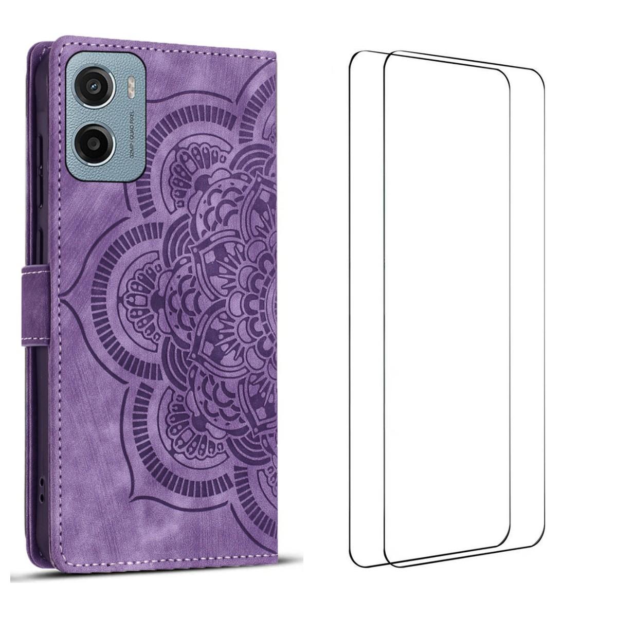 

For Motorola Moto G05 4G Case with 2Pcs Tempered Glass WANLONFENG MTL Series Mandala Leather Phone Cover Purple
