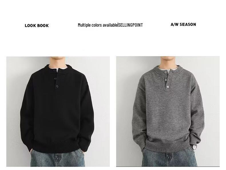 2025 Men's High-Quality Solid Color Retro Henley Knitwear for Autumn/Winter