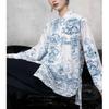 2026 Spring Women's Blue & White Porcelain Stand Collar Long Sleeve Shirt, Chinese Style, Slim Fit, Pure Cotton