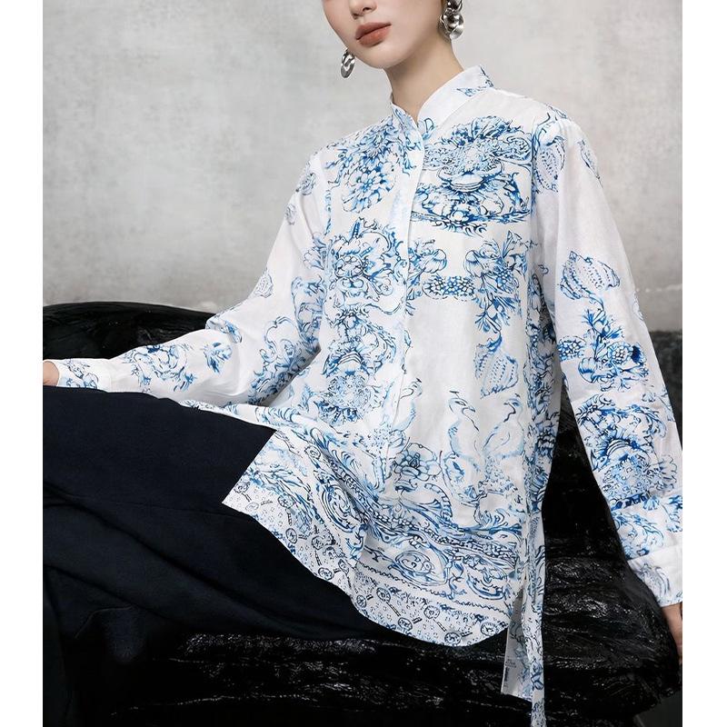 2026 Spring Women's Blue & White Porcelain Stand Collar Long Sleeve Shirt, Chinese Style, Slim Fit, Pure Cotton