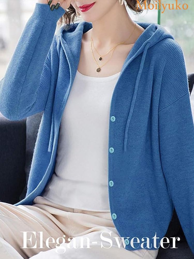 Moilyuko Hooded Long Top for and Mo72 Free Women's Cardigan, Sleeve, Figure-Flattering Spring, Autumn, Winter, (JP, Alphabet, Size, Blue)