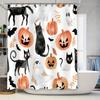 Halloween-themed Shower Curtain Featuring Black Cats, Pumpkins, Bats, Ghosts, and Spooky Designs for Bathroom Decor During Holid