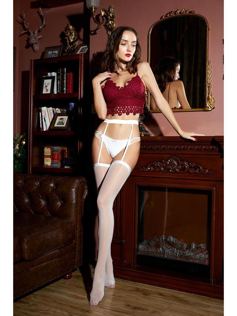 Seksowne kontrastowe pończochy do paska: Biały z Czerwonym Wykończeniem, Czarny Jedwab, Ultracienki Oleisty Prześwitujący