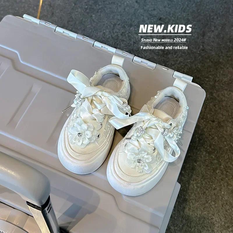 Girls Sports Shoes Chinese Style Kids Casual Shoes with Sweet Flowers 2024 Autumn New Girls Princess Shoes with Cute Ribbon Bow