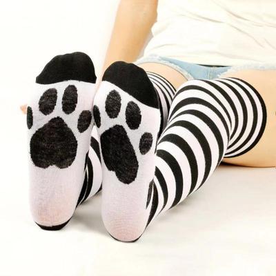 1Pair Over Knee Socks Pink Strip Kawaii Cat Paw Print Stockings Over The Knee Thigh High Long Stockings