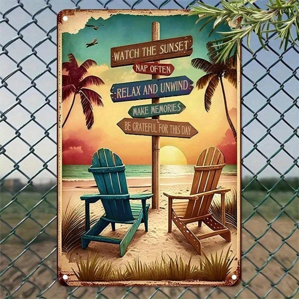 1PC Beach Sunset Tin Sign 8x12 Inch, Vintage Nautical Wall Art, Relax Ocean Breeze Metal Decor, Retro Seaside Retreat