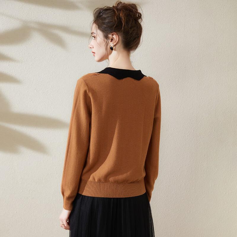 TUHUANG Women's Pure Wool Lapel Knit Sweater with Color Block Buttons