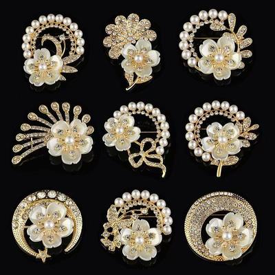 Shinning Crystal Rhinestone Flower Brooch Simulated Pearl-Set Crystal Jewelry Vintage Style Floral Brooch