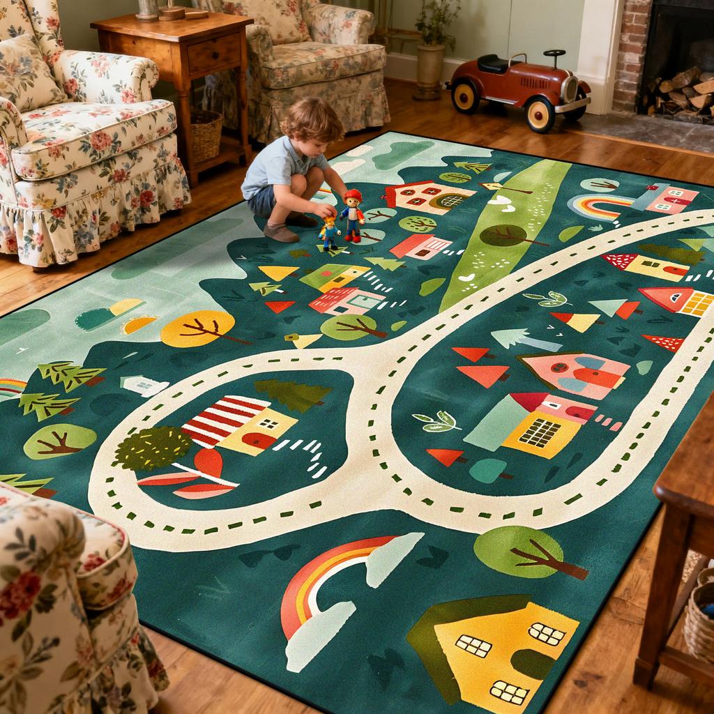 Children Amusement Park Living Room Carpet Thickened Short Velvet Cartoon Road Large Rugs Decor Bedroom Baby Crawling Mat Floor