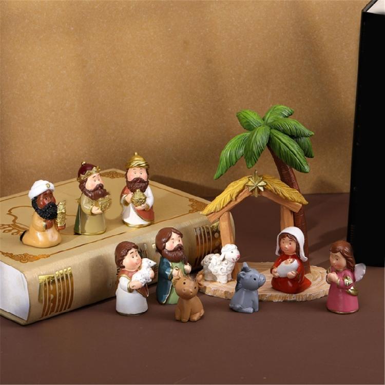Festival Christmas Cartoon Resin Nativity Scene Miniature Figurines with Manger Set for Religious Holiday Collectible Ornaments Gift