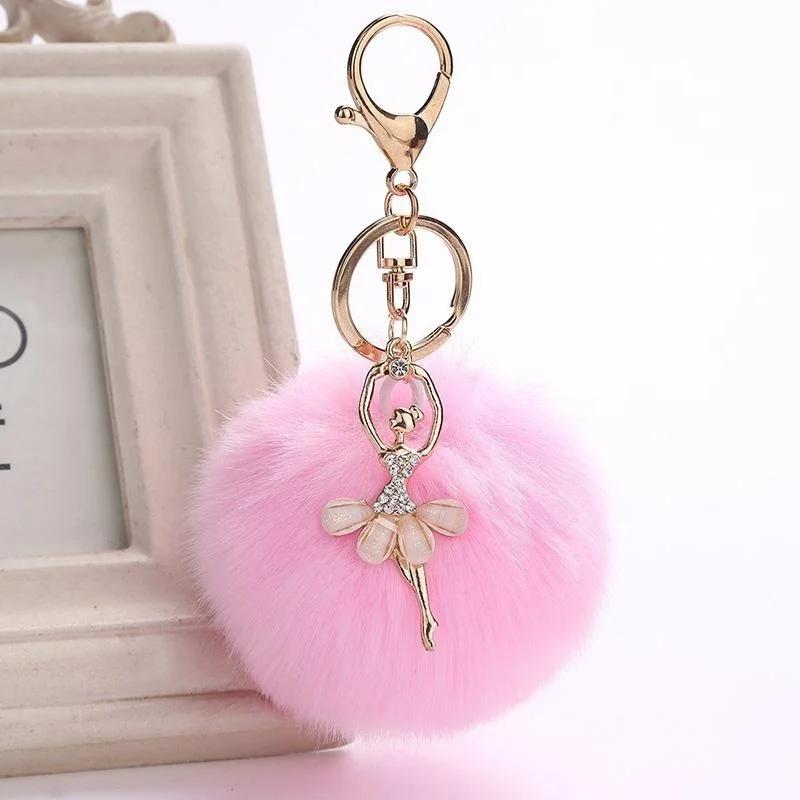 Cute Accessories Gifts Fake Rabbit Fur Ball KeyChain Pompom Key Chain Key Rings Ballet Angel Girl Pompon Bag Jewelry Gifts