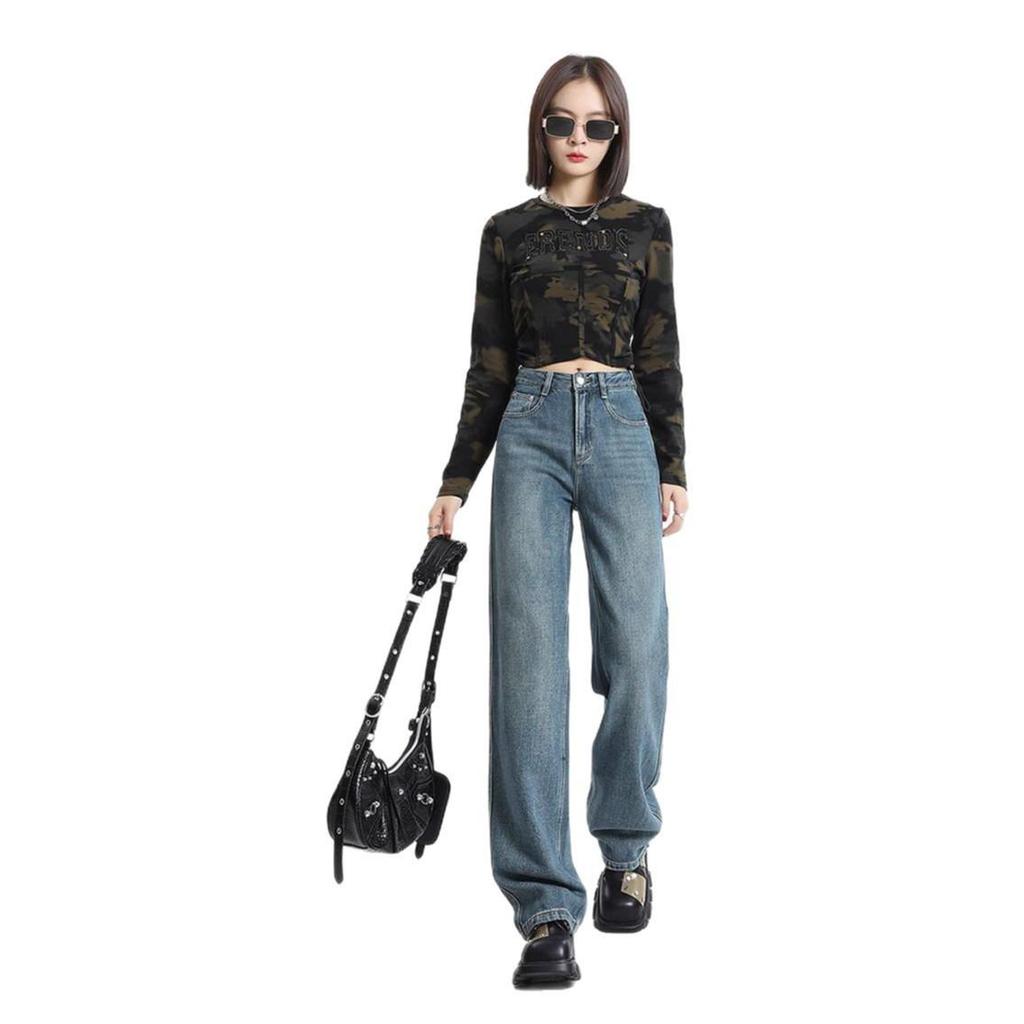 Women's Retro Loose Wide-Leg Jeans - Pear Shape, Long, Mopping Style for Spring & Autumn.