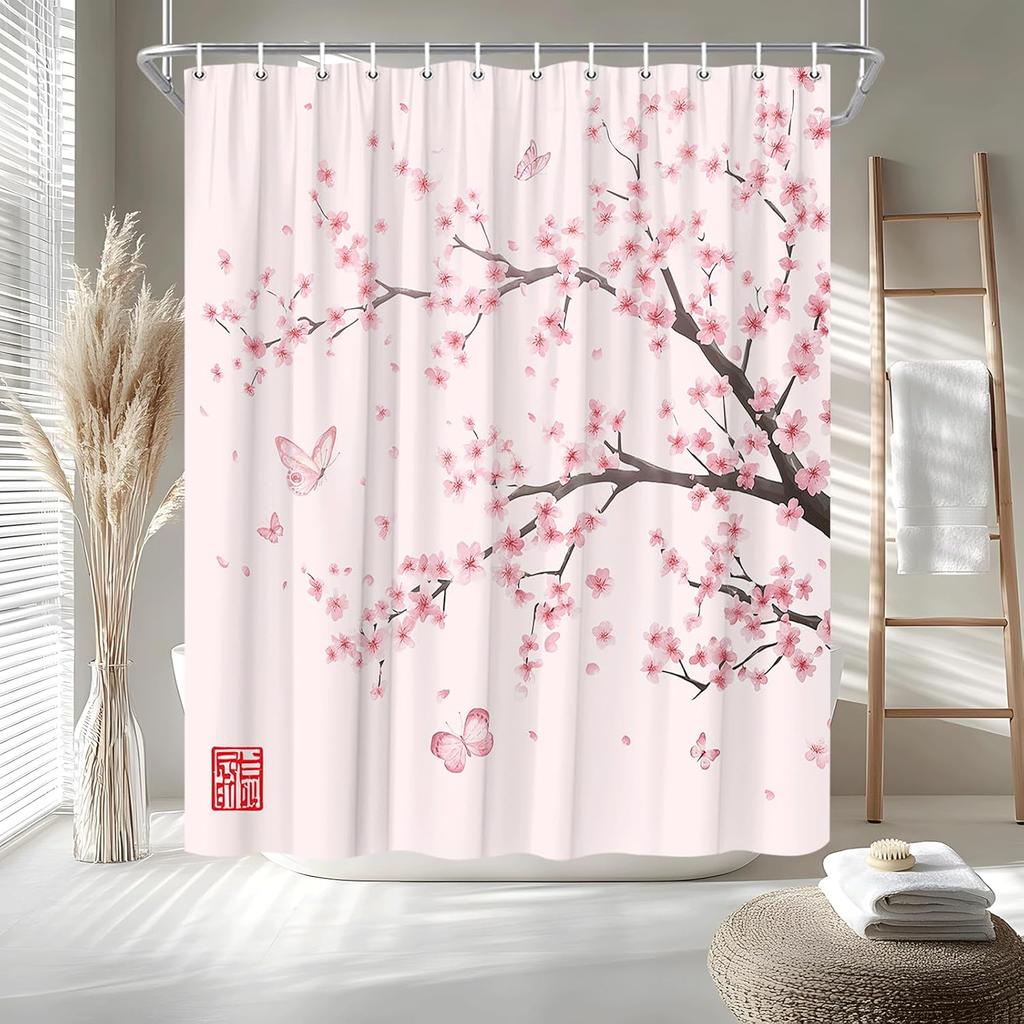Cherry Blossom Shower Curtain Pink Plum Floral with Butterfly Flower Japanese Asian Watercolor Cute Branch Scenery Wildflower