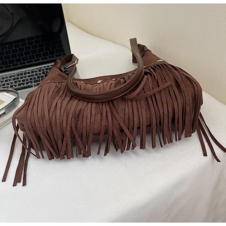 Retro Frosted Suede Tassel One Shoulder Bag Women Autumn Winter Vintage Rivet Zipper Large Capacity All-Match Crossbody Bags
