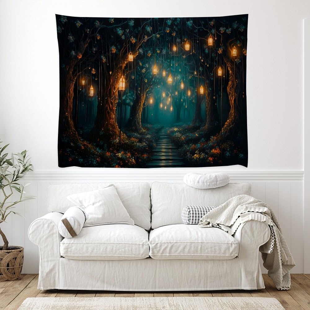 Gothic Enchanted Forest Art Tapestry Dark Academia Fantasy Lantern Aesthetic Tapestries Boho Vintage Wall Hanging Decor Bedroom