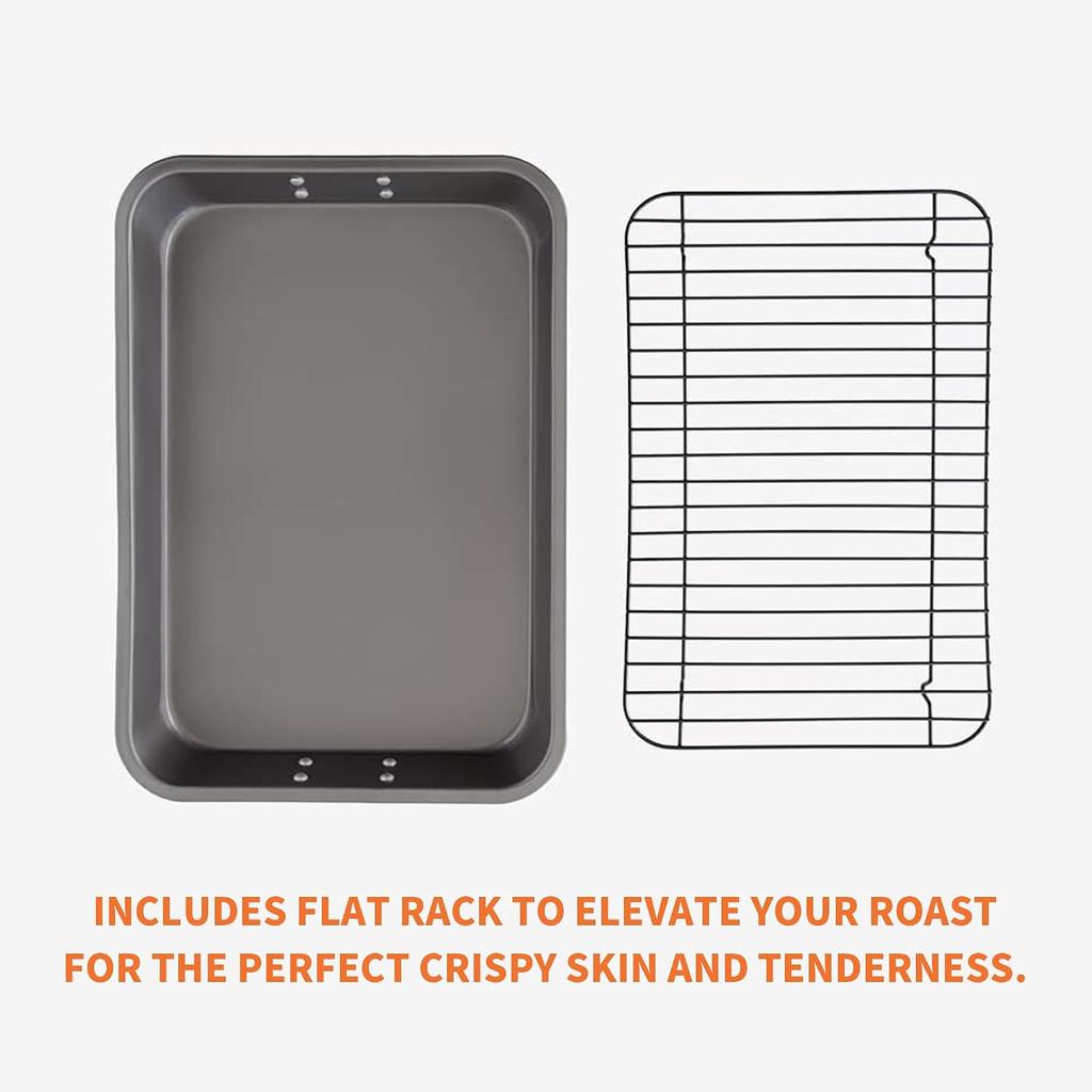 Stainless Steel Non-stick Baking Tray with Grill 15x 11 Inch for Roast Chicken Vegetables Turkey Silver