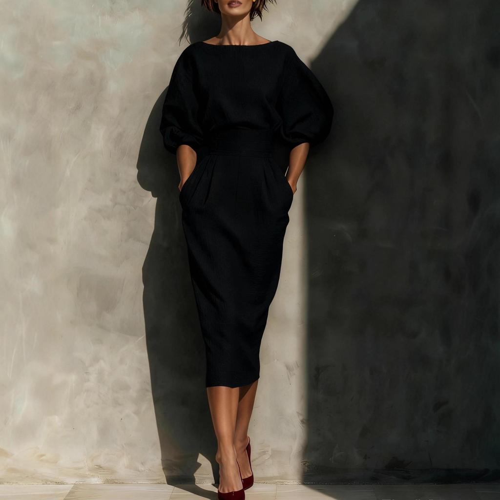Women's Elegant Boat Neck Puff Sleeve Dress & High-Waisted Pleated Skirt - Retro Spring/Autumn Style