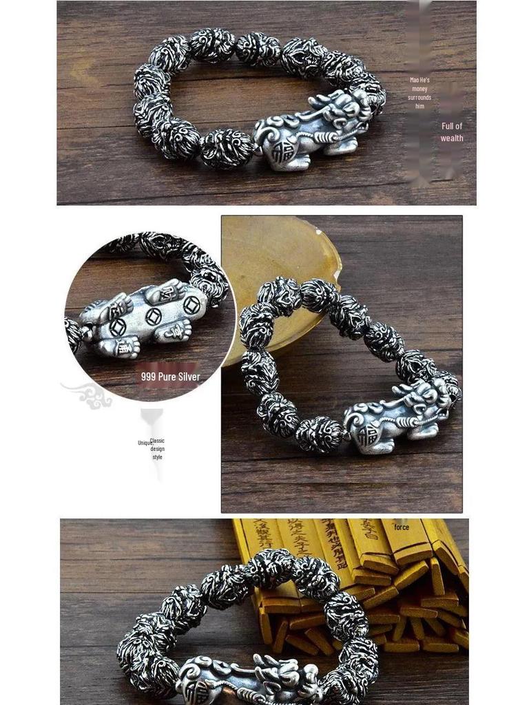 Bransoletka Męska Retro Czarna Legenda Wukonga - Imitacja Tajskiego Srebra Koralikowa Biżuteria