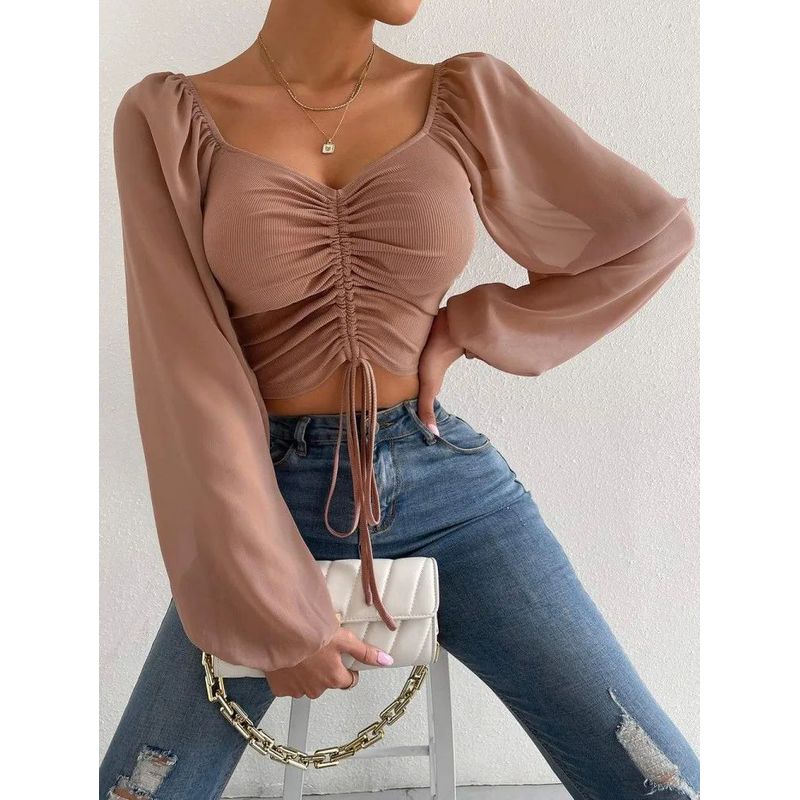 V-neck Drawstring Lantern Sleeve Top Low Cut V-neck Drawstring Bishop Sleeves Top