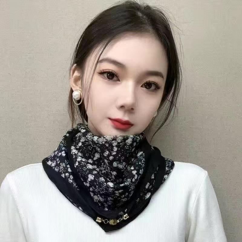 Versatile Silk Cotton Scarf with Magnetic Buckle: Double-sided, Multifunctional Neckband