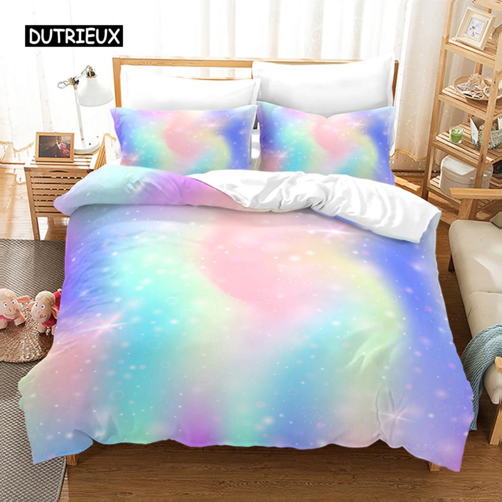 Duhová sada povlaku na přikrývku King Mikrovlákno Dívčí Estetický Duhy Ložní Sada pro Děti Kawaii Hrad Dezert Vzor Povlak na Prošívanou Přikrývku