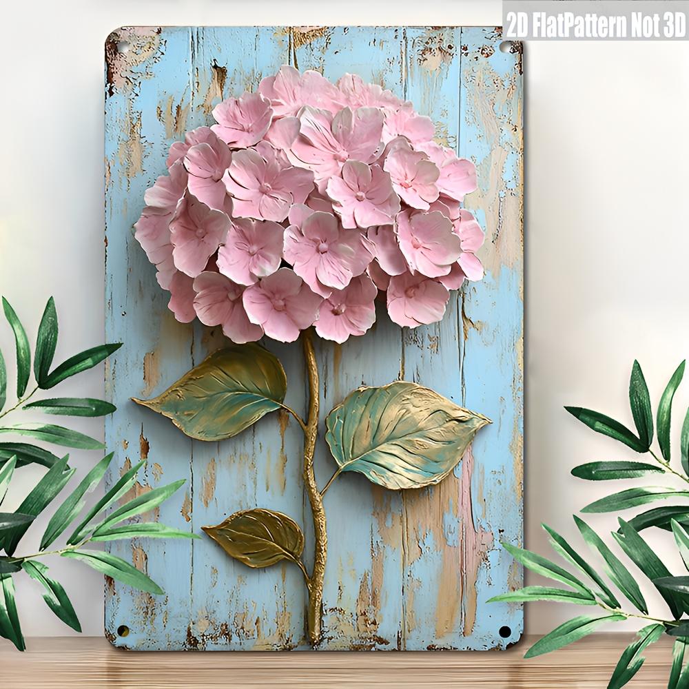 2D Flat, 1pc Vintage Hydrangea Iron Wall Art - Rustic Blue Wood Design Metal Sign, 8.0x12.0inch, Easy To Install for Home Office