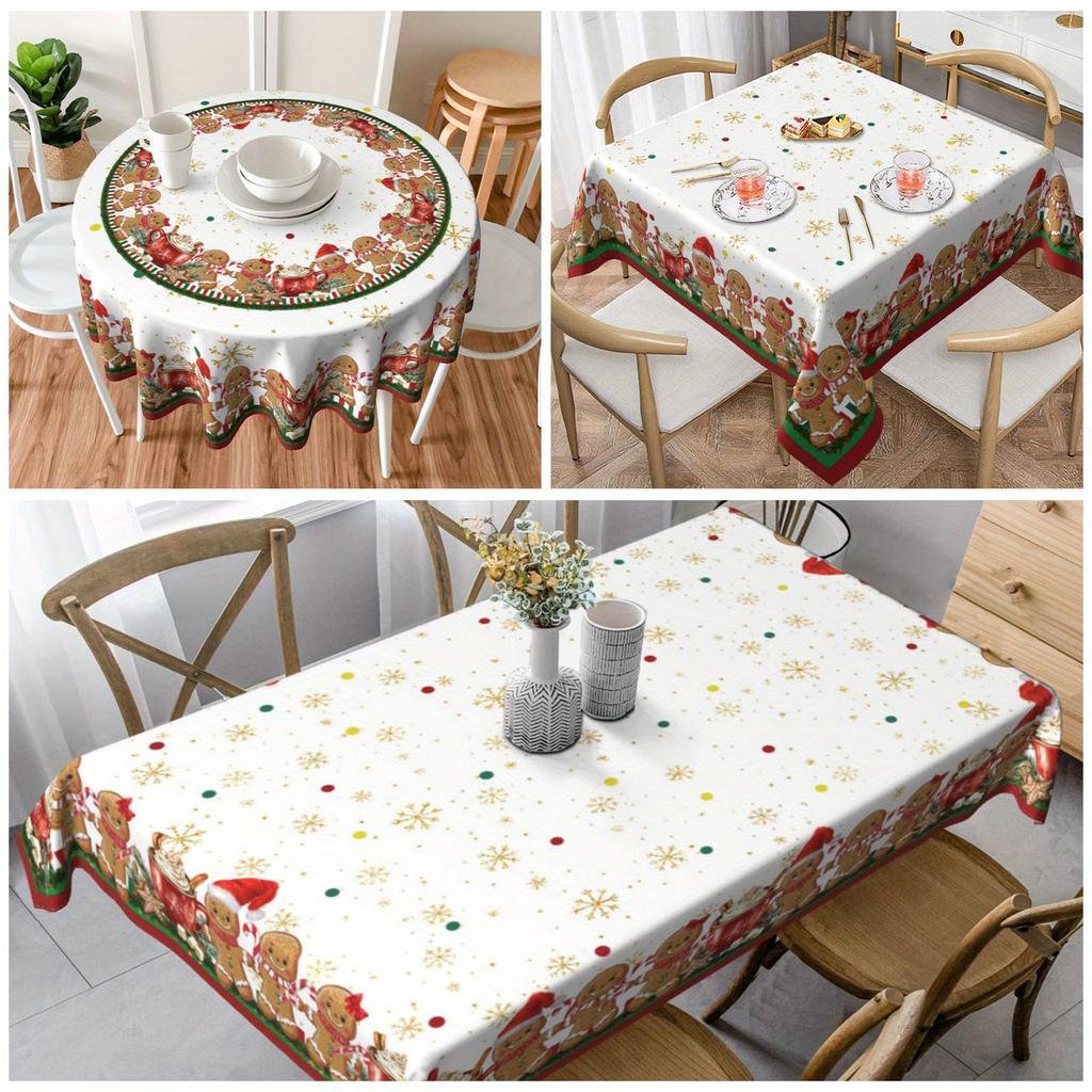 Merry Christmas Gingerbread Golden Snowflakes Tablecloth for Table Decor Winter Kitchen Dining Table Cloth Christmas Decorations