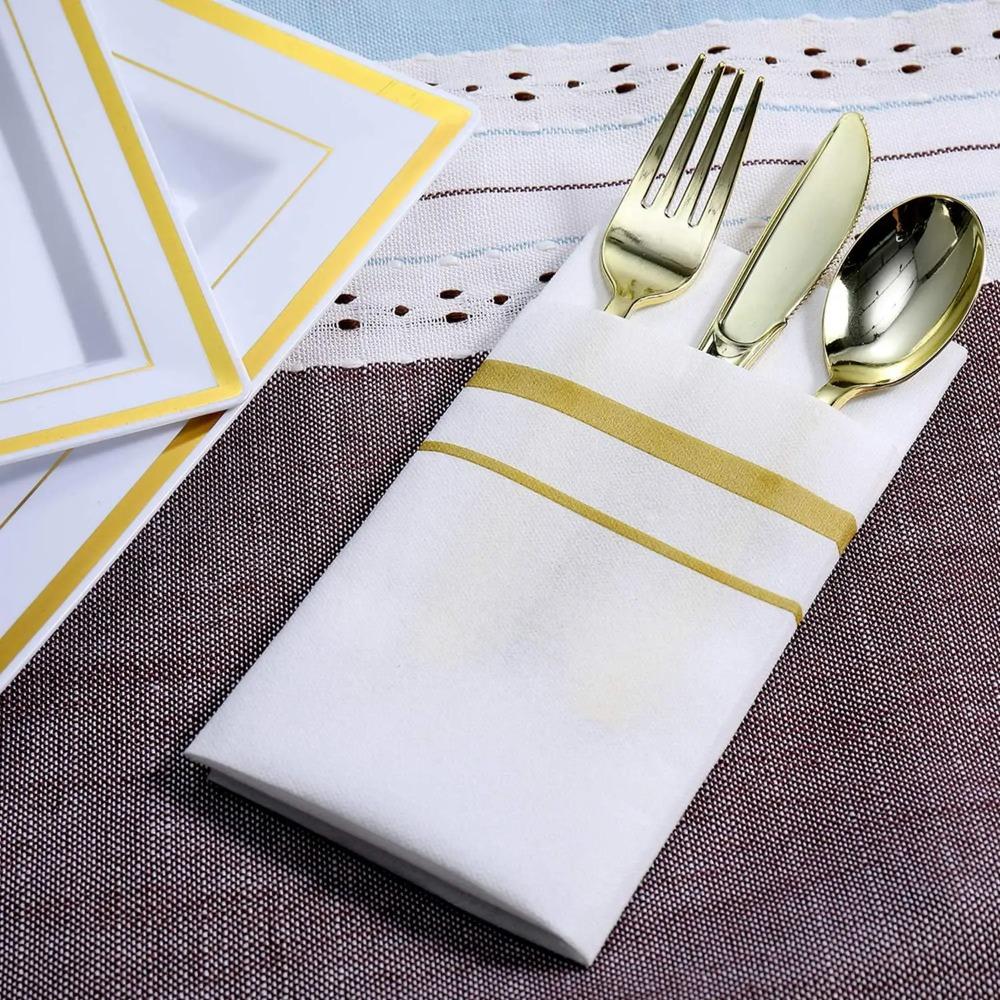 Serviette de table jetable en papier sans poussière 50 pièces Biodégradable Douce Serviette de table Imprimé rayé Jetable Serviette Mariage