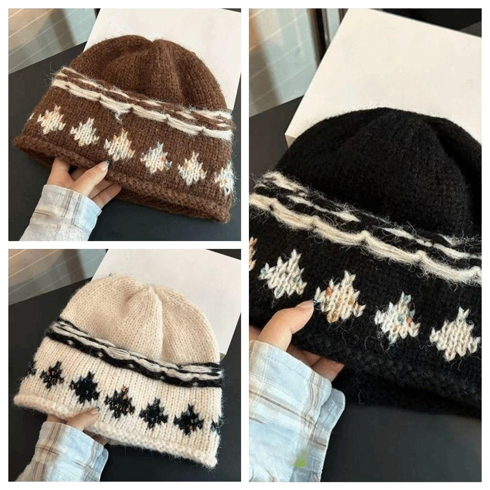 Knitted Retro Beanie Hat Warm Winter Cold Hat Vintage Style Jacquard Knitted Hat  Winter